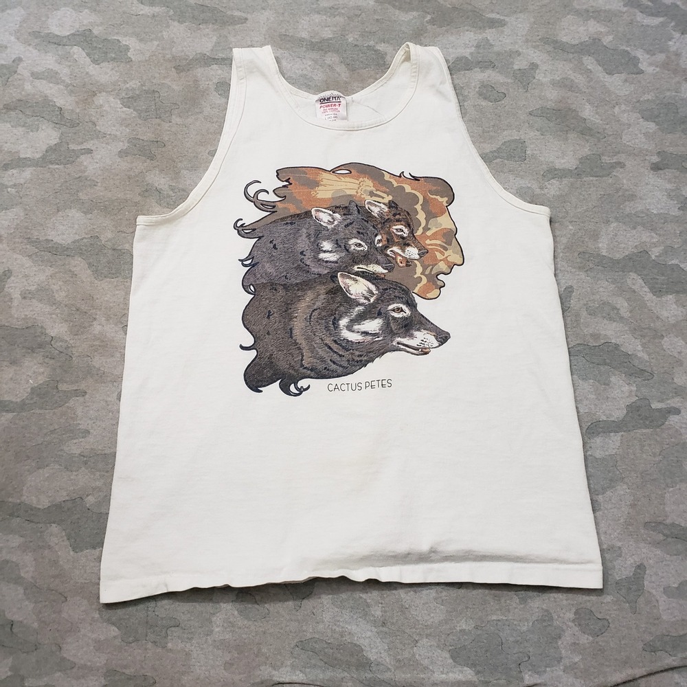 Vintage Oneita Tank Shirt Mens Large White Wolf Nature Single Stitch USA